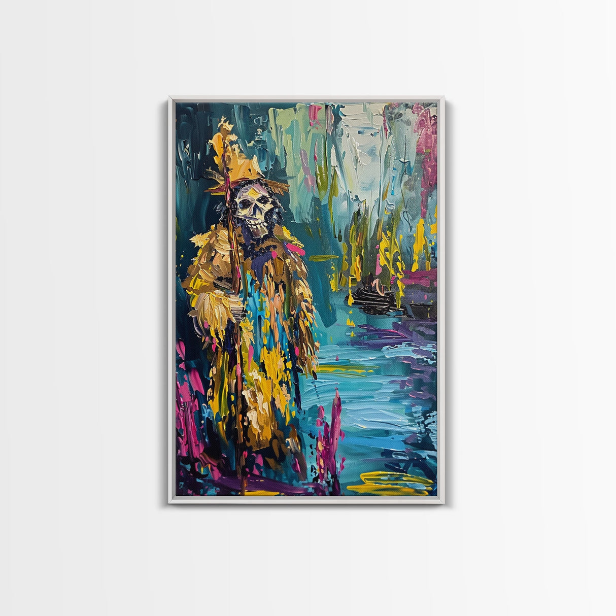 Halloween Skeleton Wizard, Framed Canvas Print, Wall Art, Home Decor, Spooky Artwork, Witchcraft Decor, Fantasy Art, Holiday Decor