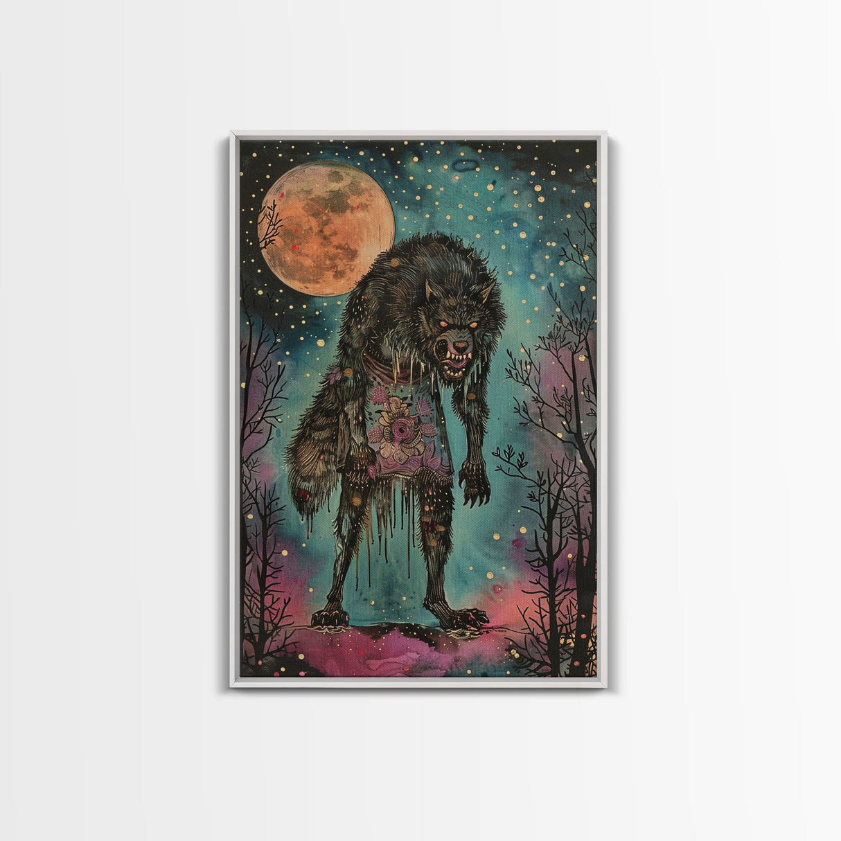 Halloween Spooky Full Moon Werewolf Framed Canvas Print, Wall Art, Living Room Decor, Halloween Decoration, Scary Wall Hanging, Haunted Art