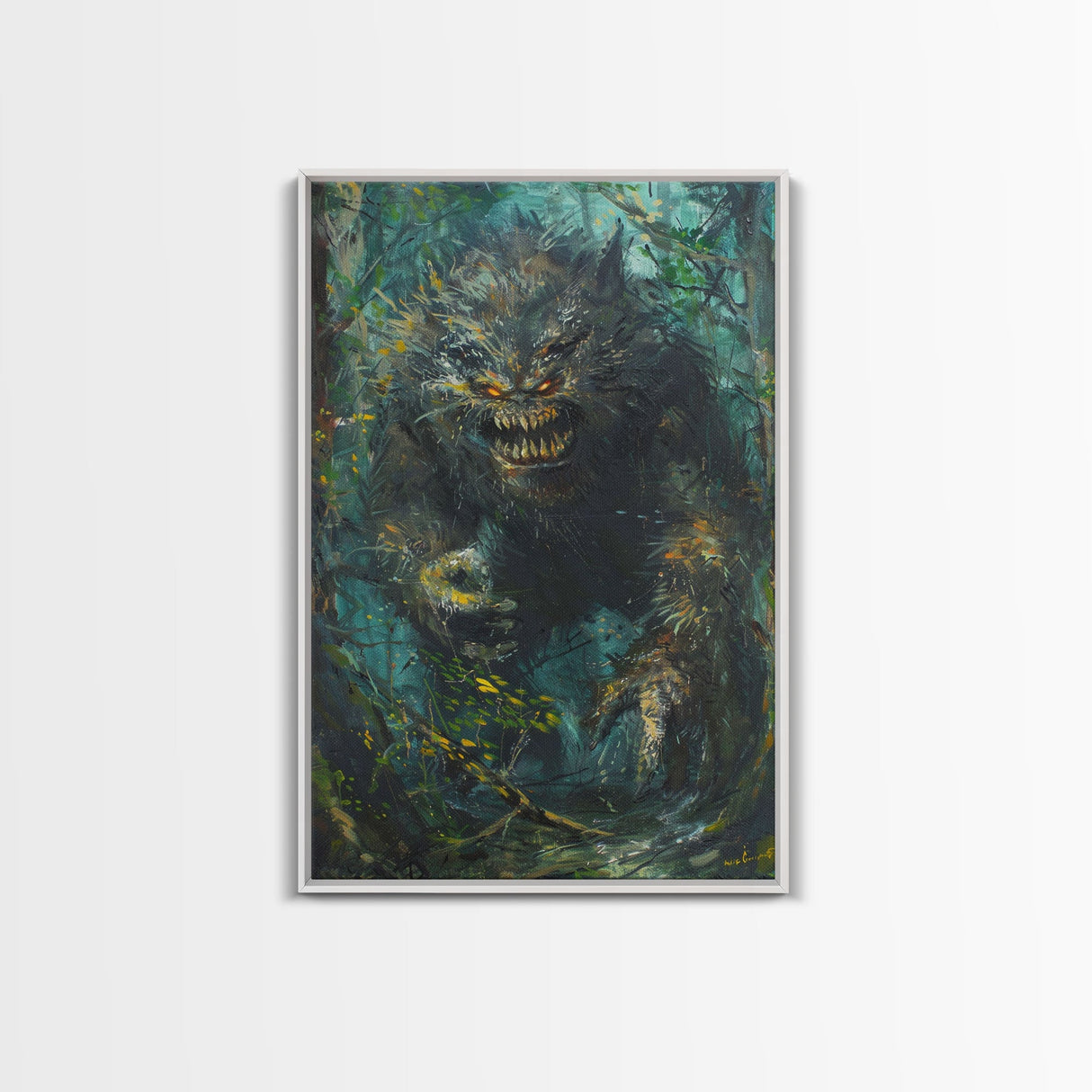 Halloween Frightening Forest Beast Framed Canvas Print, Wall Art, Home Decor, Living Room Decoration, Scary Creature Art, Haunted Decor