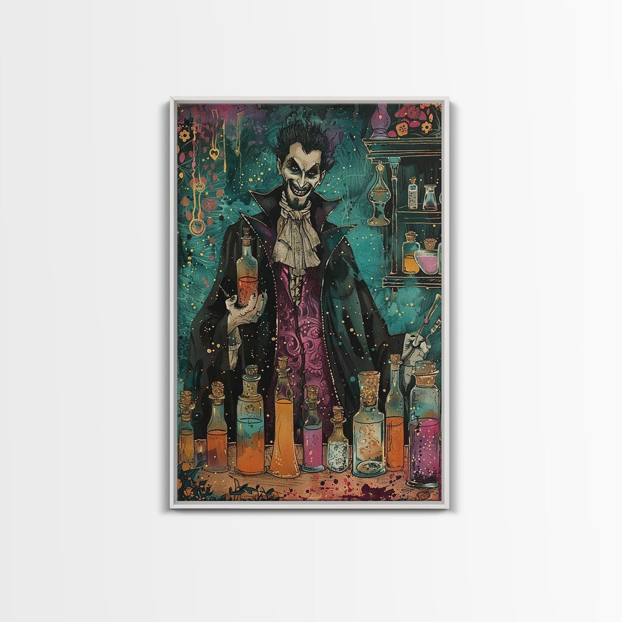 Halloween Frightening Werewolf with Burger Framed Canvas Print, Wall Art, Living Room Decor, Kitchen Art, Unique Halloween Gift Spooky Decor