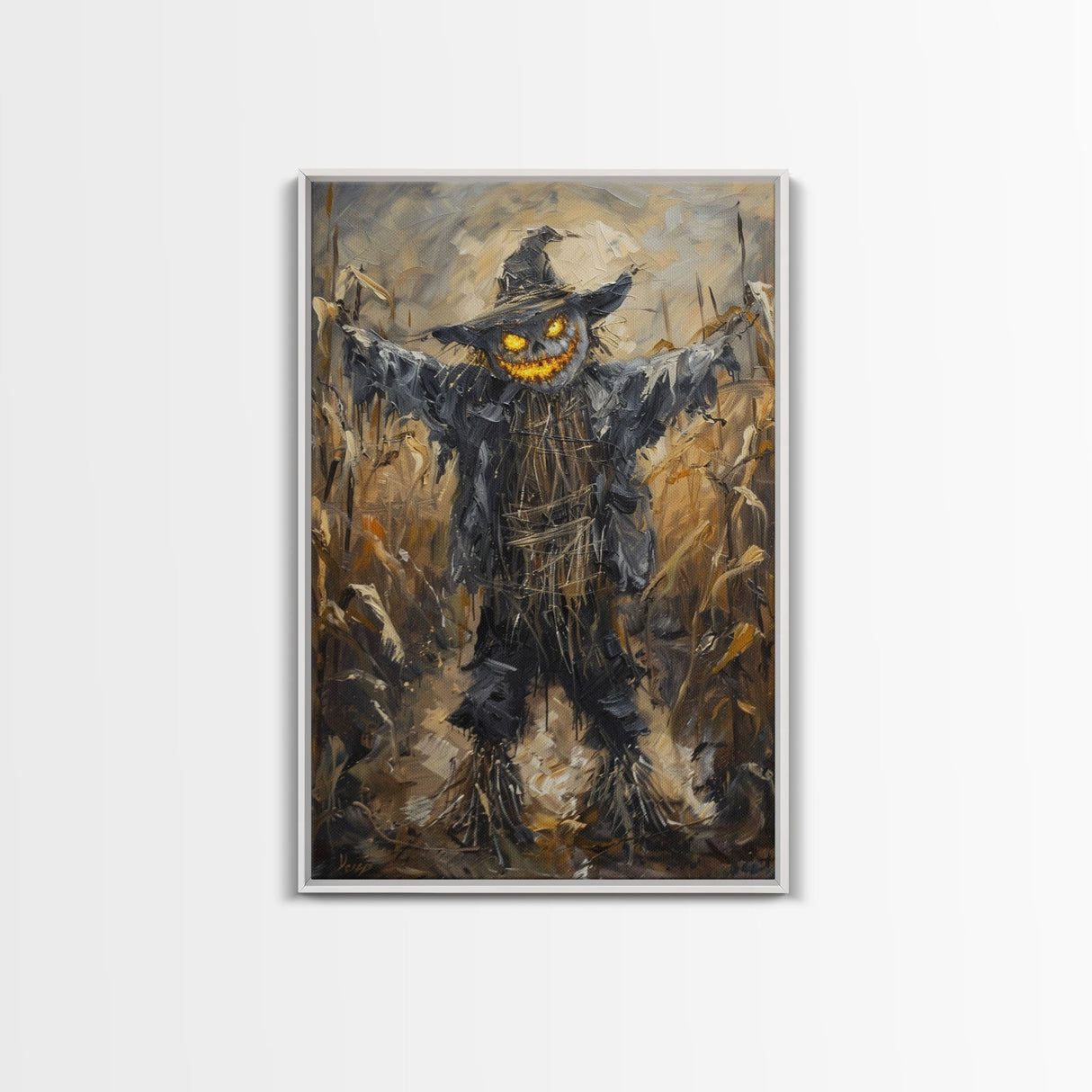 Sinister Scarecrow in Cornfield Framed Canvas Print | Halloween Horror Art | Spooky Farm Art | Creepy Scarecrow Art for Home Decoration