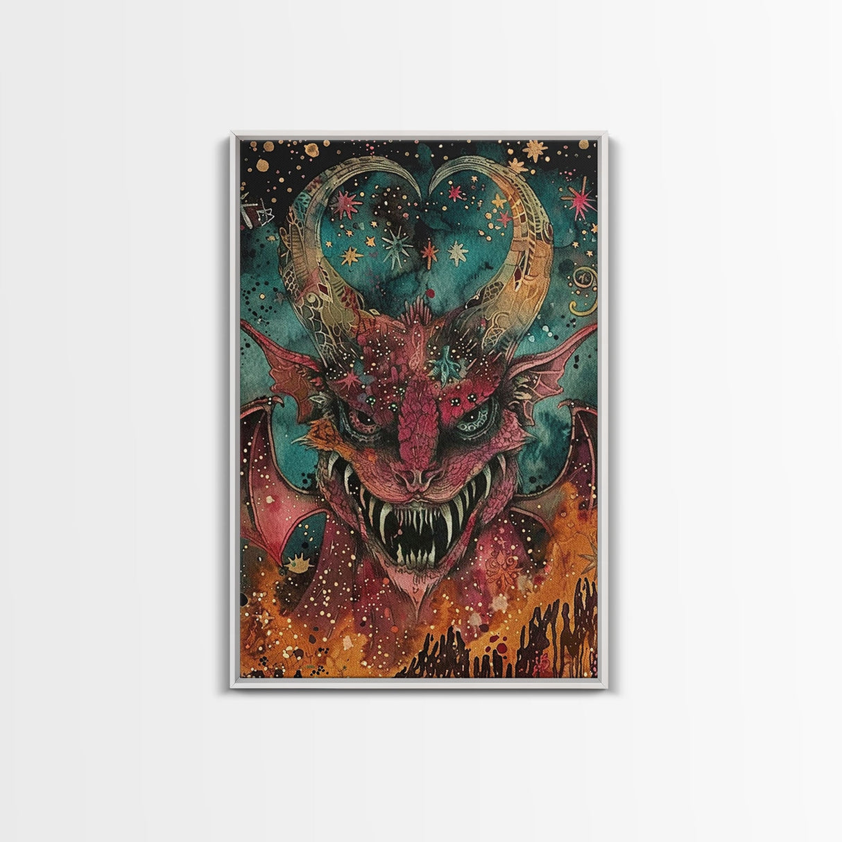 Fantastical Demon with Stars Framed Canvas Print | Halloween Monster Art | Spooky Starry Art | Scary Demon Art for Home Decoration