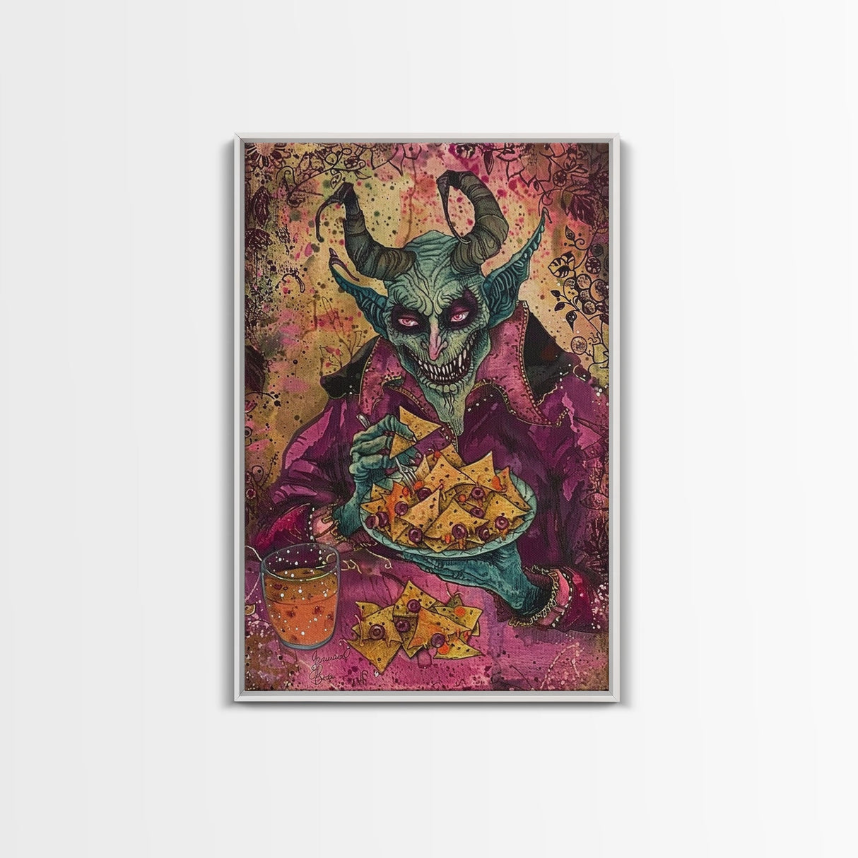 Spooky Demon Eating Chips Framed Canvas Print, Halloween Art, Unique Wall Art, Creepy Home Decor, Scary Art, Spooky Living Room Decor