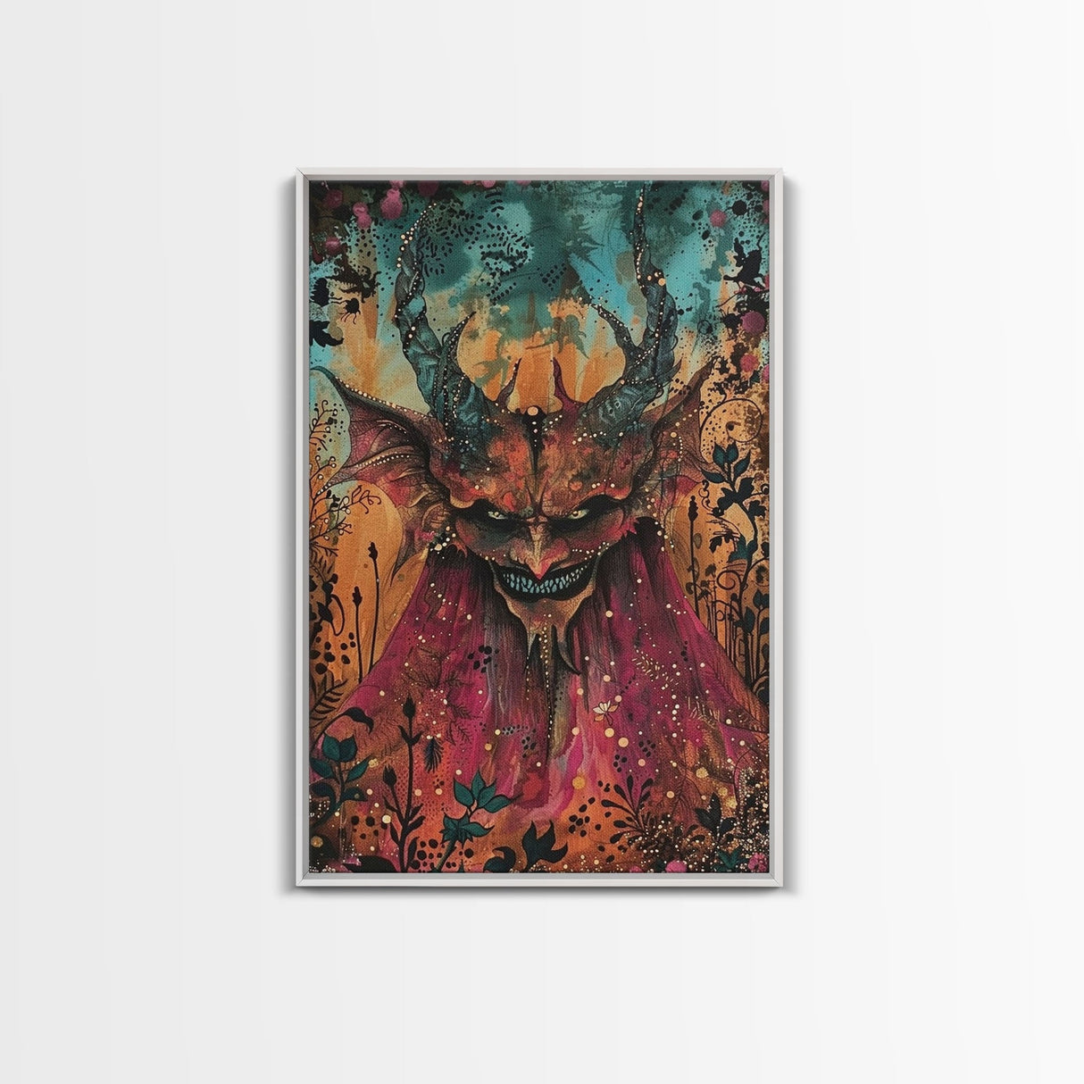 Dark Demon with Menacing Smile Framed Canvas Print, Halloween Art, Creepy Wall Art, Spooky Home Decor, Scary Art, Creepy Living Room Decor