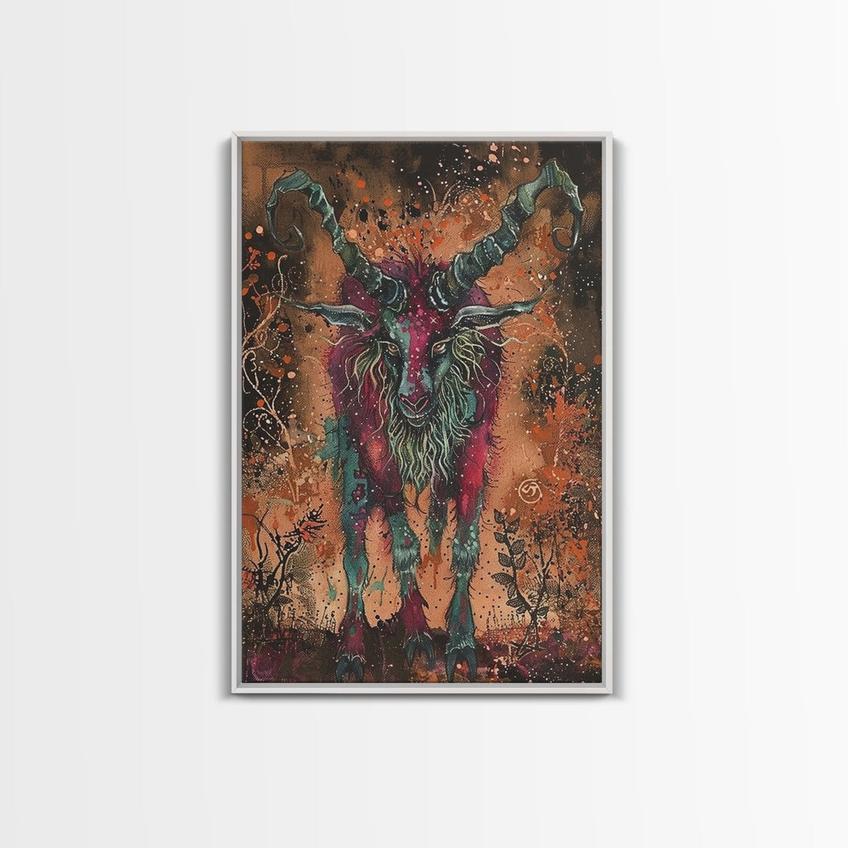 Mysterious Goat Demon Framed Canvas Print, Halloween Art, Unique Wall Art, Spooky Home Decor, Scary Art, Eerie Living Room Decor