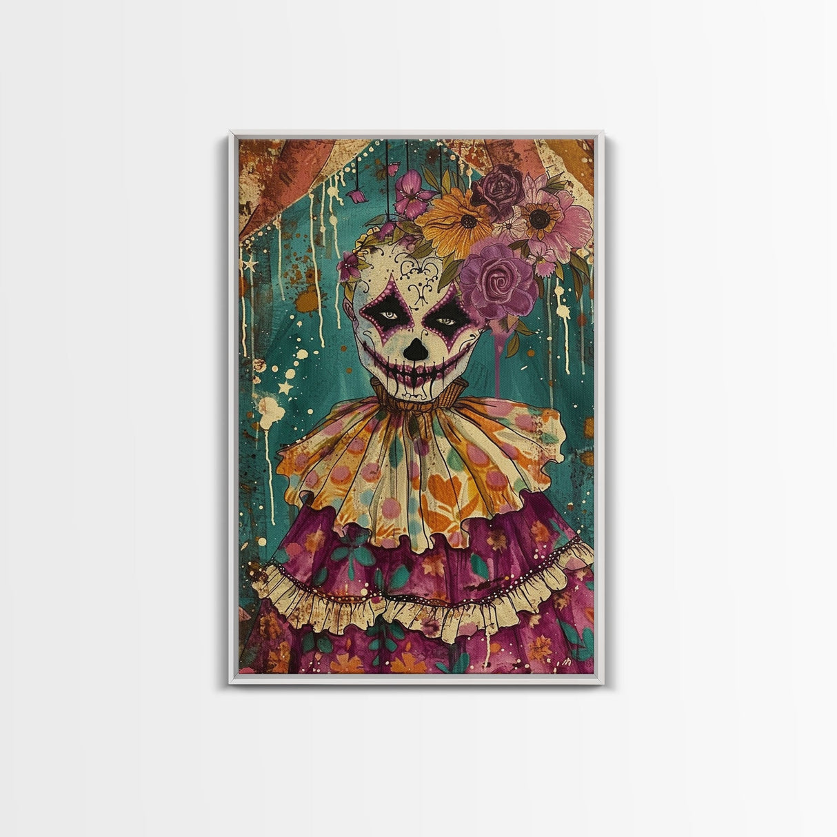Day of the Dead Doll with Floral Crown Framed Canvas Print, Halloween Art, Creepy Wall Art, Spooky Home Decor, Scary Art, Unique Wall Decor