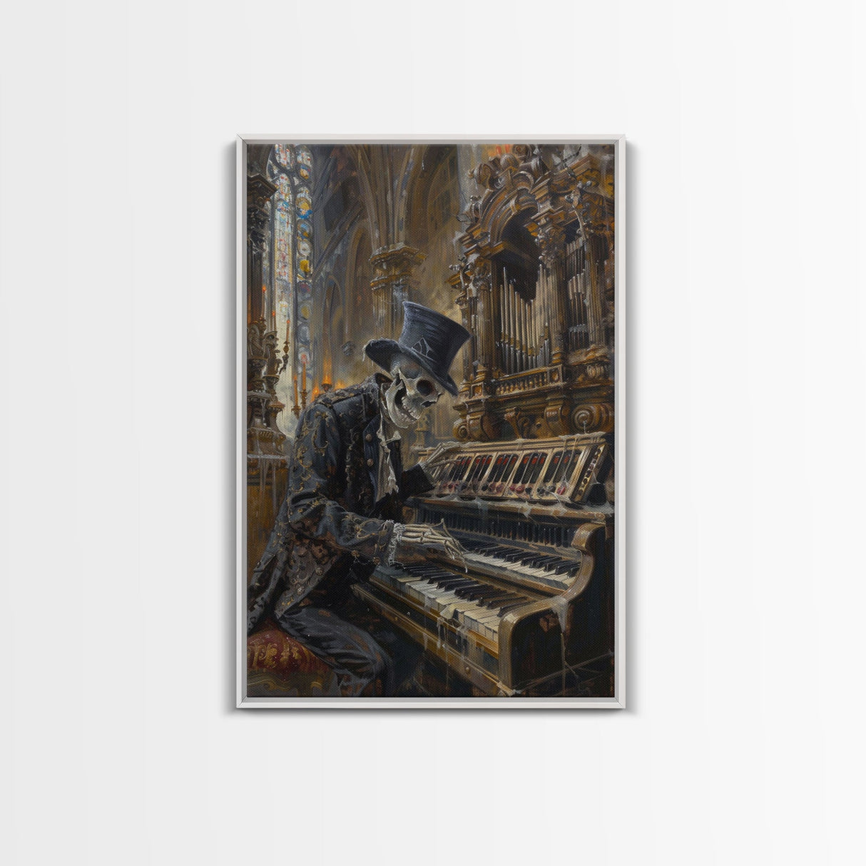 Halloween Skeleton Playing the Organ in Gothic Church - Creepy Skeleton Musician in Haunted Cathedral - Halloween Art Print - Gothic Decor