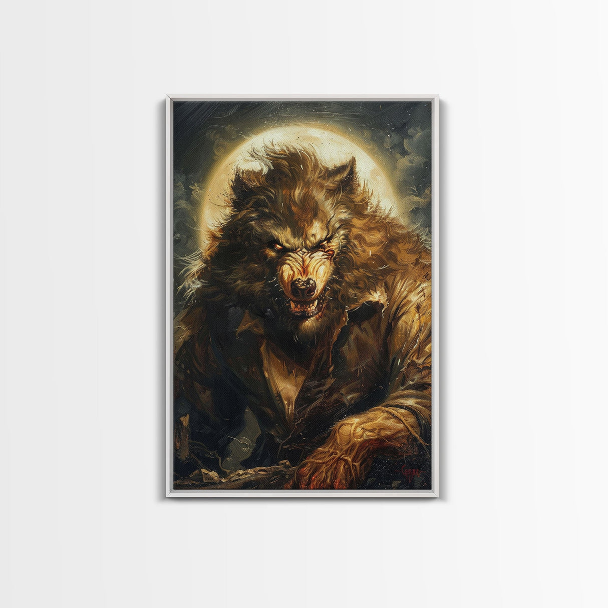 Ferocious Werewolf Under Full Moon Framed Canvas Print | Halloween Monster Art | Spooky Werewolf Decor for Home | Intense Werewolf Artwork