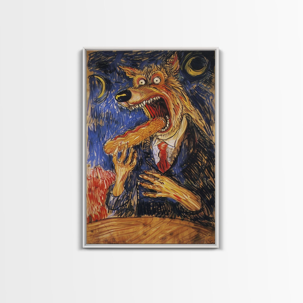 Business Werewolf Eating a Hot Dog, Framed Canvas print, Funny Halloween Art, Spooky Season, The Scream Inspired Funny Art