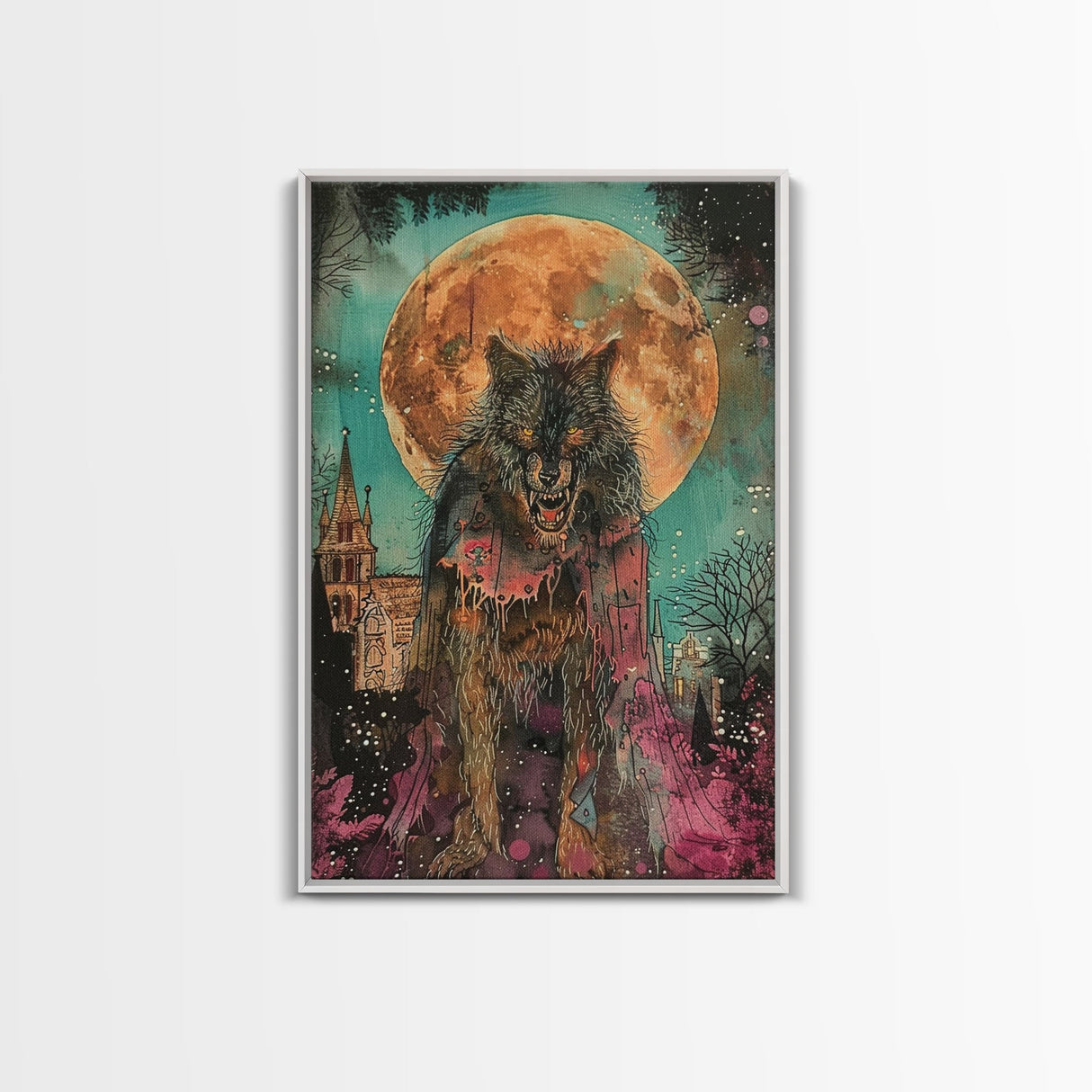 Fierce Werewolf with Blood Moon Framed Canvas Print | Halloween Monster Art | Spooky Werewolf Decor for Home | Intense Full Moon Artwork