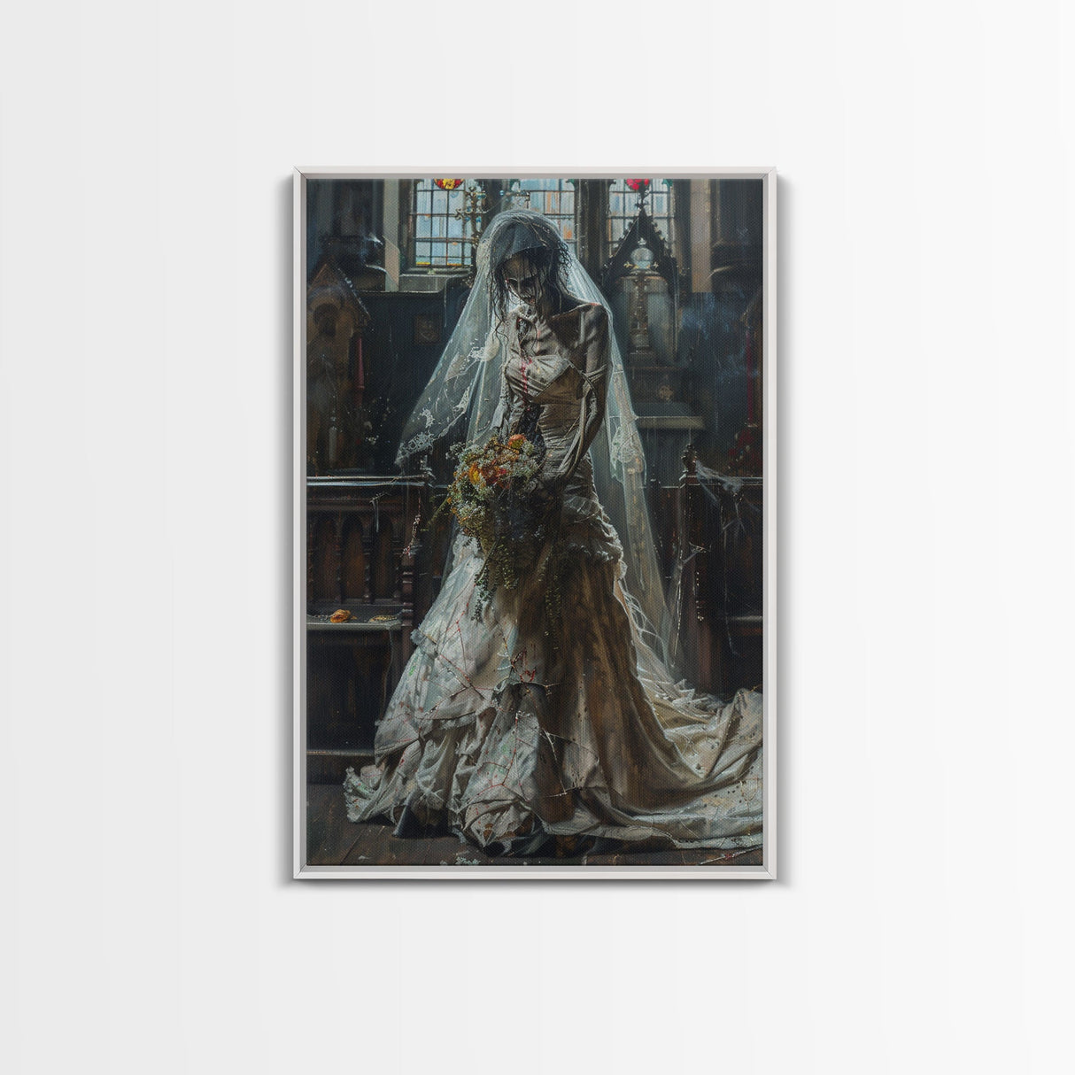 Ghostly Bride in Abandoned Church Framed Canvas Print | Halloween Bride Art | Eerie Bride Decor for Home | Haunted Wedding Artwork