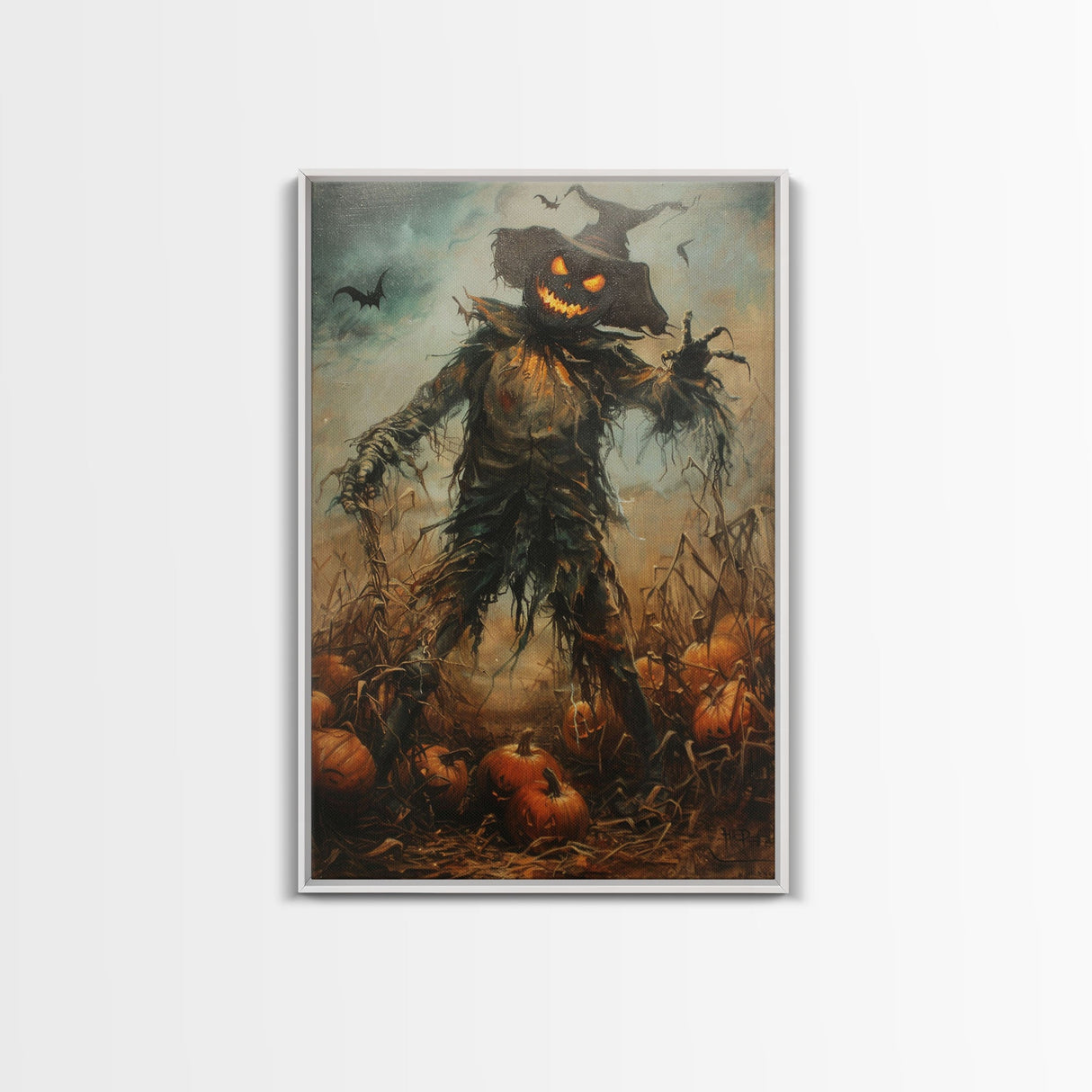 Sinister Scarecrow in Pumpkin Patch | Halloween Wall Art | Spooky Home Decor | Creepy Pumpkin Scarecrow Painting | Framed Canvas Print