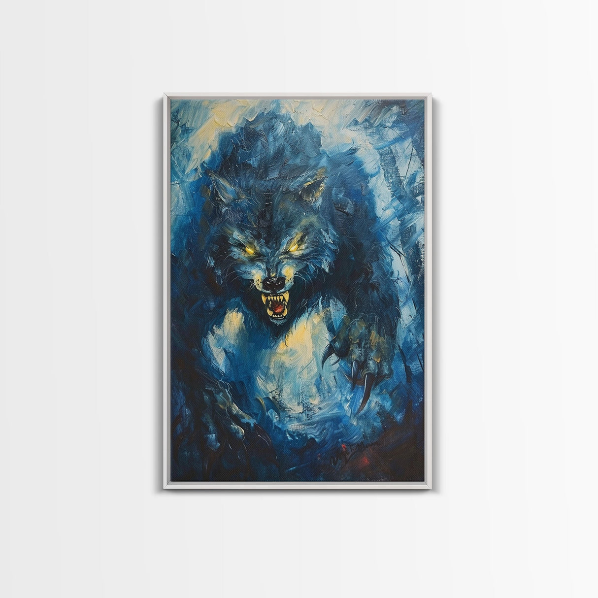 Ferocious Werewolf Growling in Forest | Halloween Wall Art | Spooky Home Decor | Creepy Werewolf Howling Painting | Framed Canvas Print