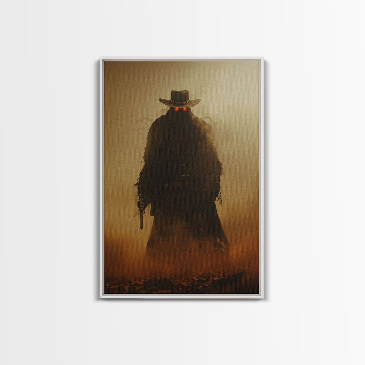 Mysterious Cowboy with Glowing Red Eyes in Desert | Halloween Wall Art | Spooky Home Decor | Creepy Cowboy Painting | Framed Canvas Print