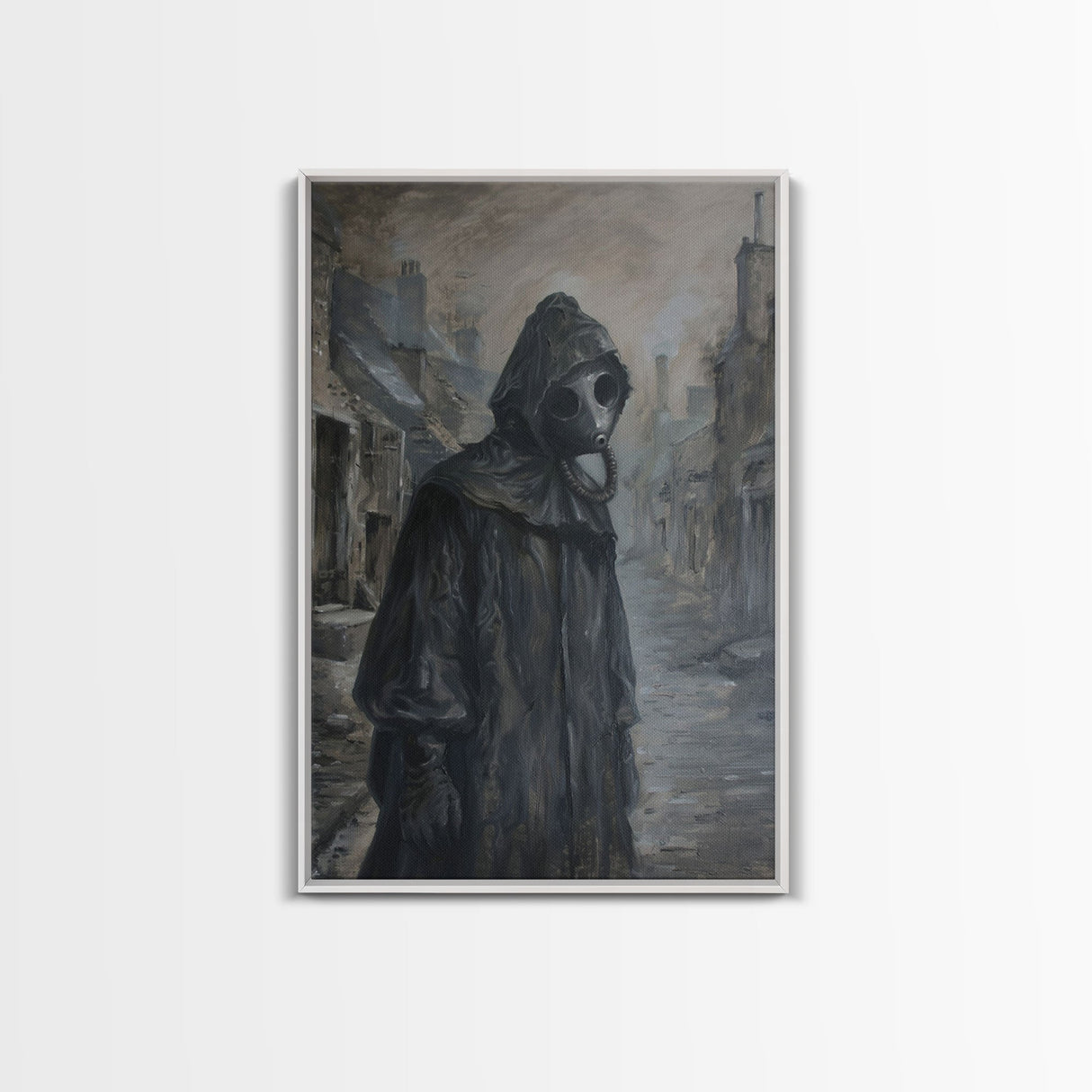 Plague Doctor in Abandoned Town | Halloween Wall Art | Spooky Home Decor | Creepy Plague Doctor Painting | Framed Canvas Print