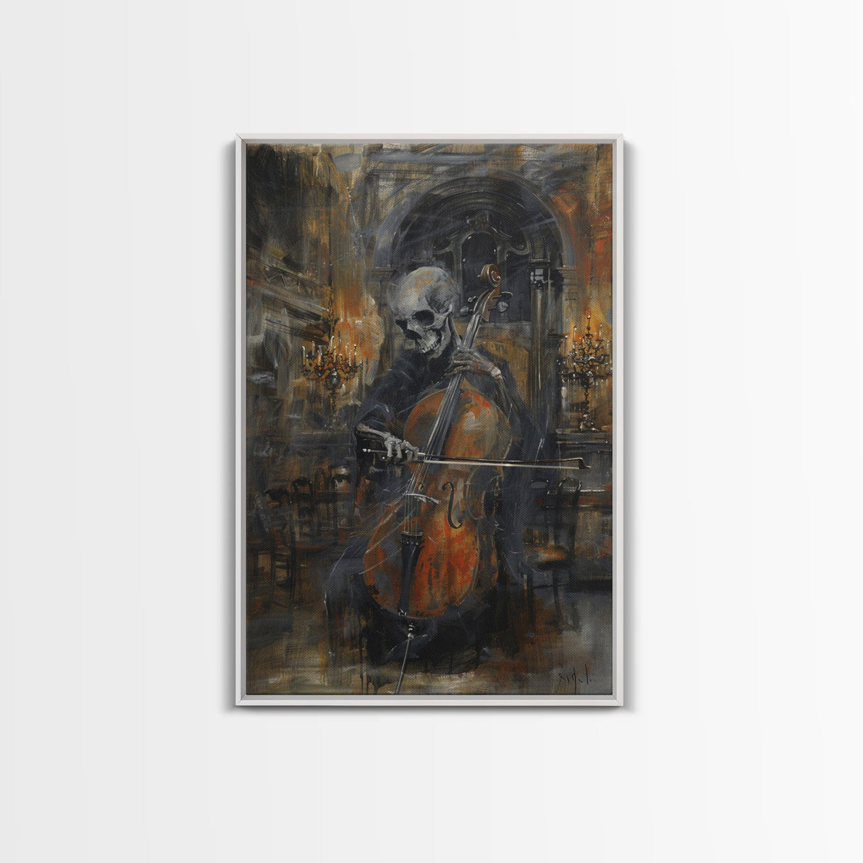 Skeleton Cellist in Gothic Cathedral | Halloween Wall Art | Spooky Home Decor | Creepy Skeleton Musician Painting | Framed Canvas Print