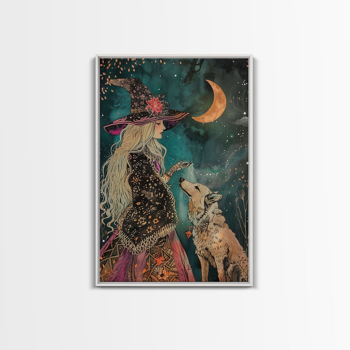 Mystical Witch and Wolf Under Crescent Moon - Halloween Wall Art - Spooky Home Decor - Perfect Halloween Gift - Witch and Wolf Painting