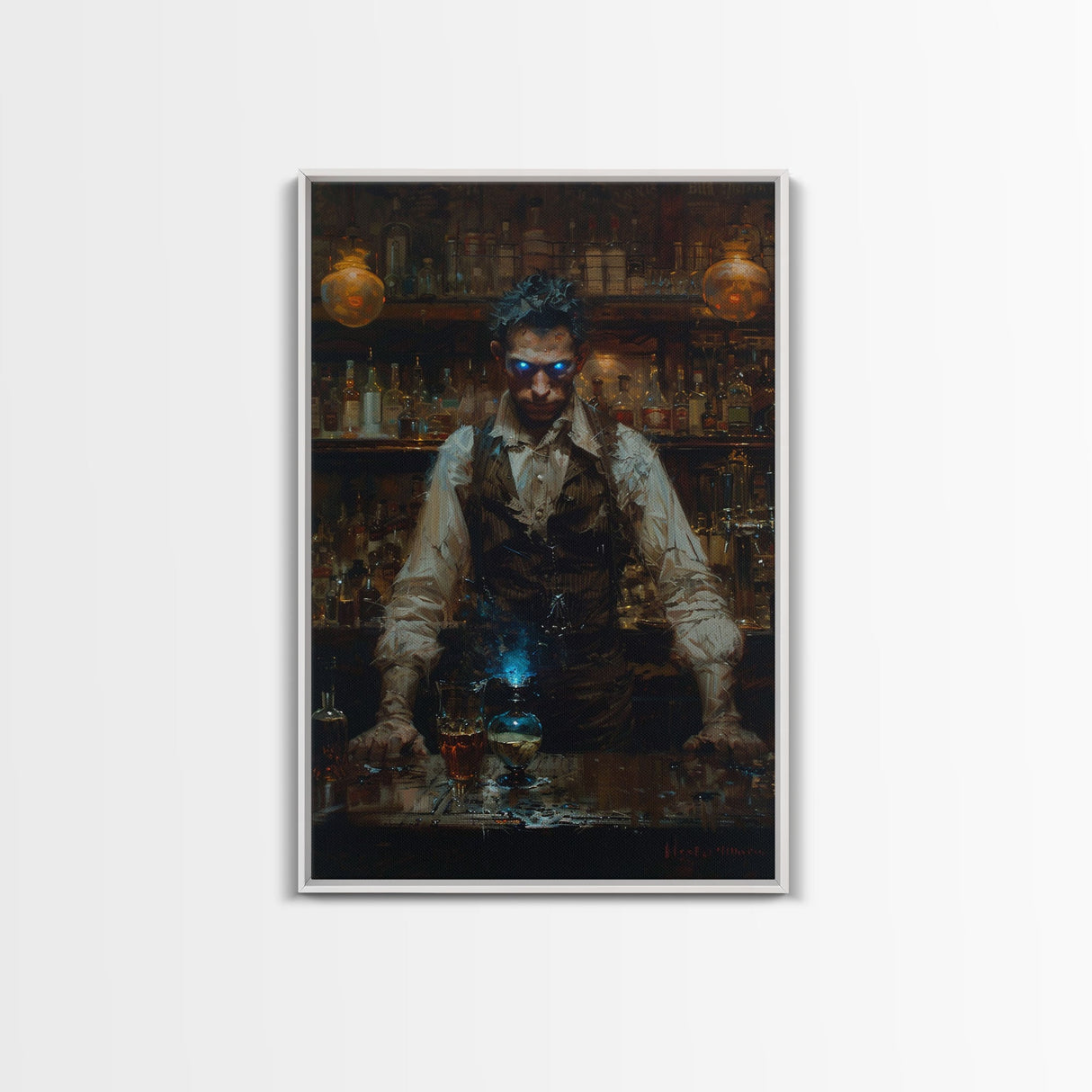 Mysterious Bartender with Glowing Eyes - Halloween Wall Art - Spooky Home Decor - Creepy Bar Scene - Unique Halloween Decoration