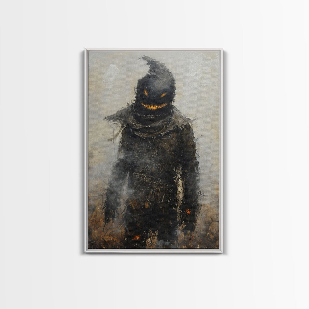 Scarecrow with Glowing Eyes in Dark Field, Framed Canvas Print, Halloween Scarecrow Art, Spooky Farm Decor, Creepy Harvest Illustration