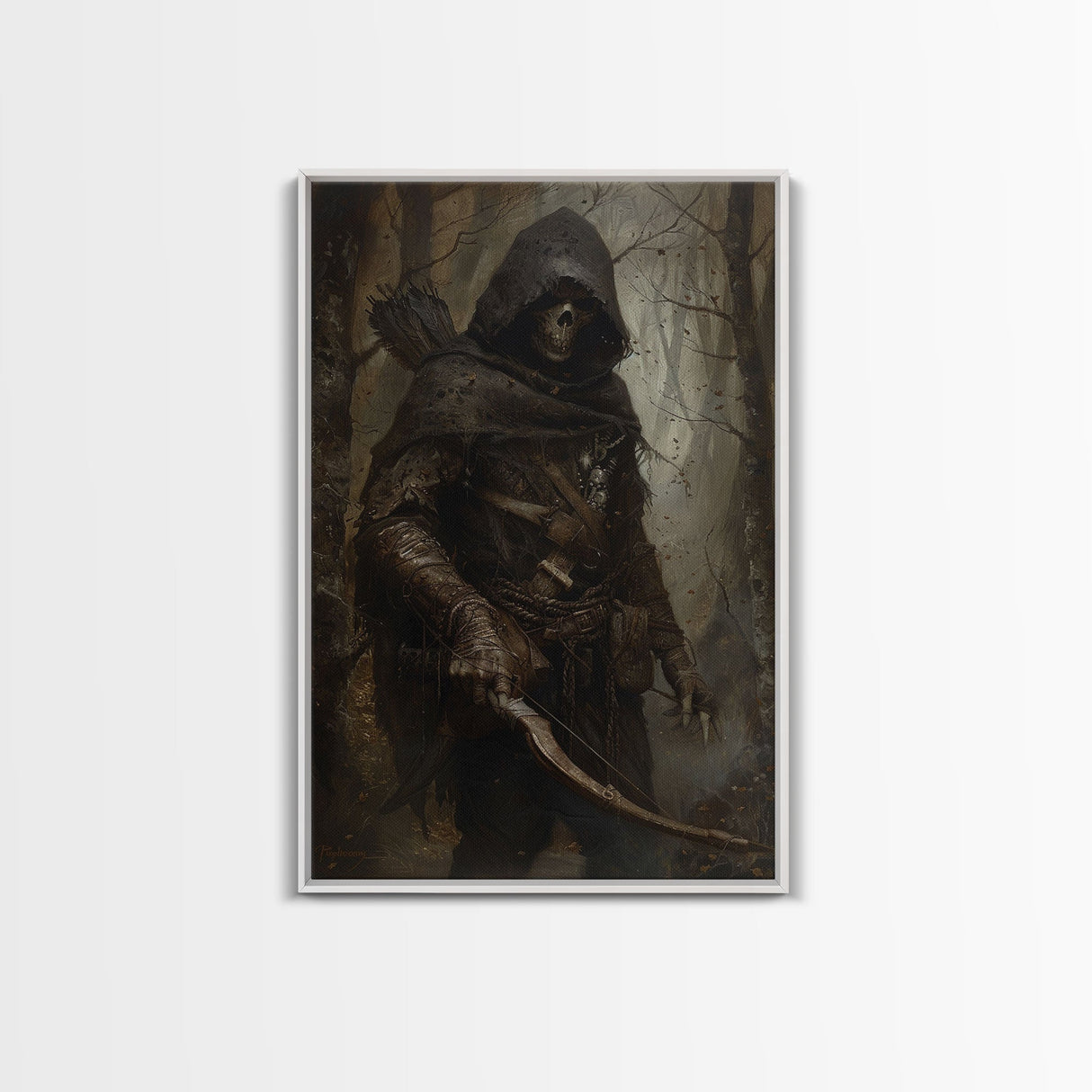 Grim Reaper Archer in Dark Enchanted Forest - Eerie Gothic Wall Art Framed Canvas Print, Unique Spooky Halloween Haunted Homes