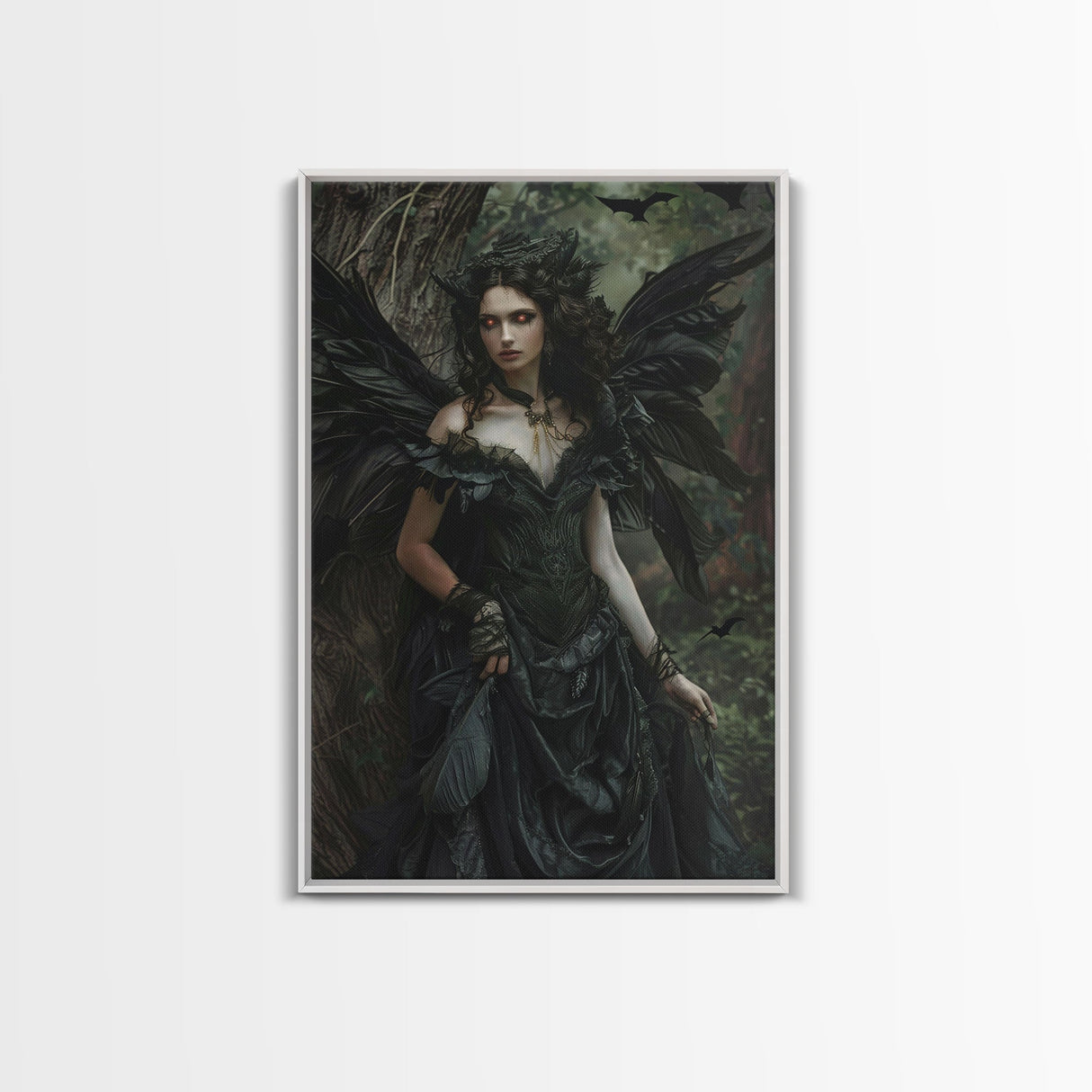 Dark Angel with Glowing Eyes in Haunted Forest - Mysterious Gothic Framed Canvas Print, Halloween Wall Art Decor