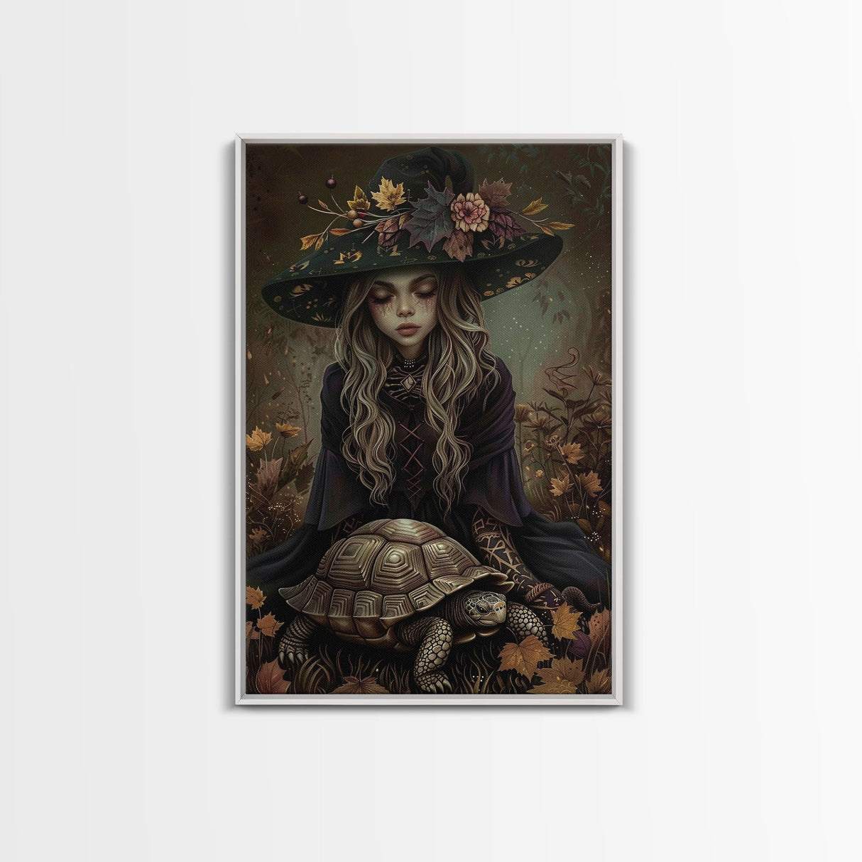 Mystical Witch with Deer in Enchanted Forest - Halloween Art Framed Canvas Print, Spooky Home Wall Decor