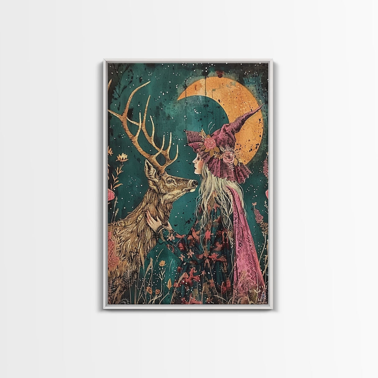 Gothic Witch with Turtle in Dark Forest - Enigmatic Halloween Artwork Framed Canvas Print, Spooky Home Wall Decor