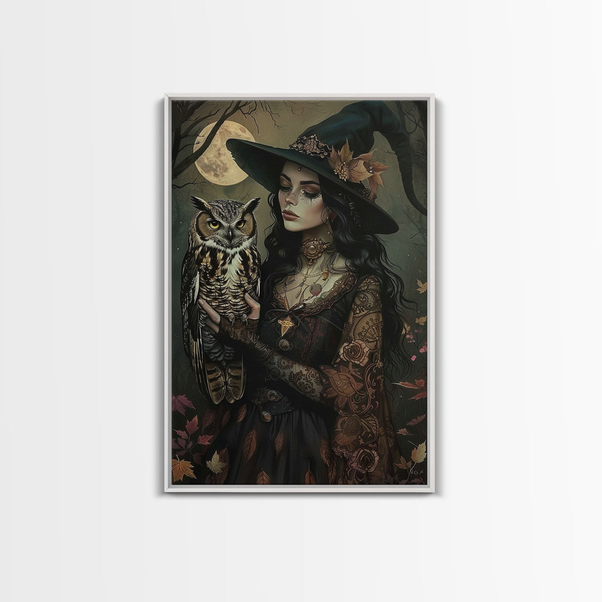 Mysterious Witch with Owl Companion - Moonlit Enchantment, Mystical Beauty Framed Canvas Print, Halloween Wall Art