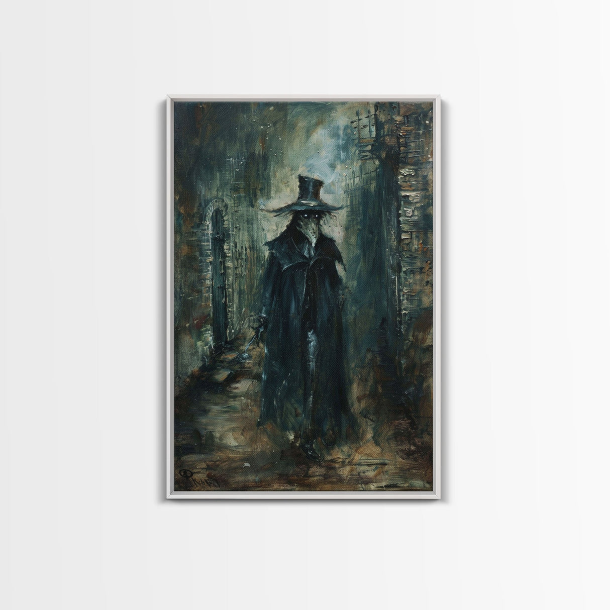 Ghostly Figure in Victorian Attire - Eerie Night Stalker Gothic Art Framed Canvas Print, Halloween Haunted House Decor