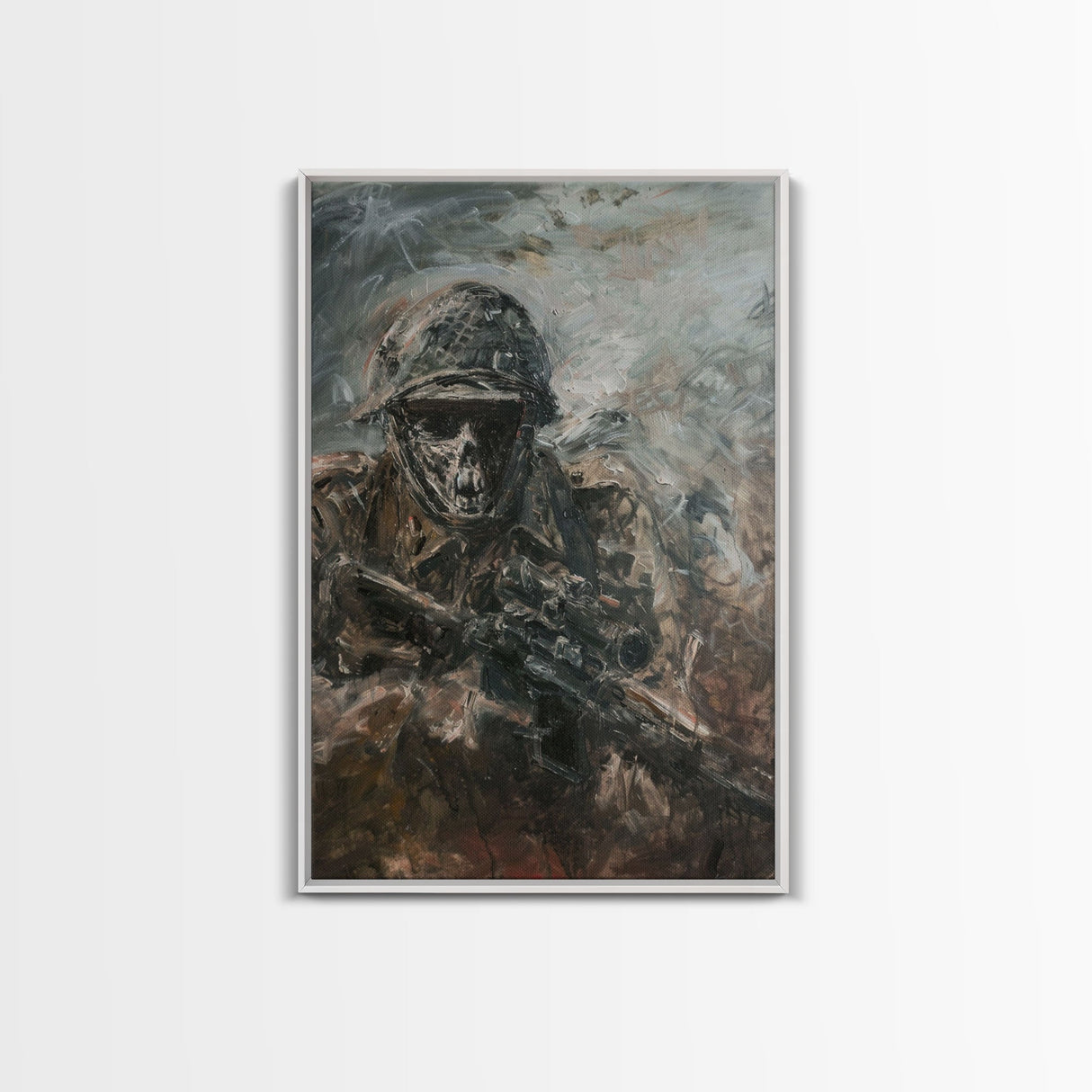 Skeletal Soldier in Battle - Haunting War Scene Gothic Art Framed Canvas Print, Spooky Halloween Decor