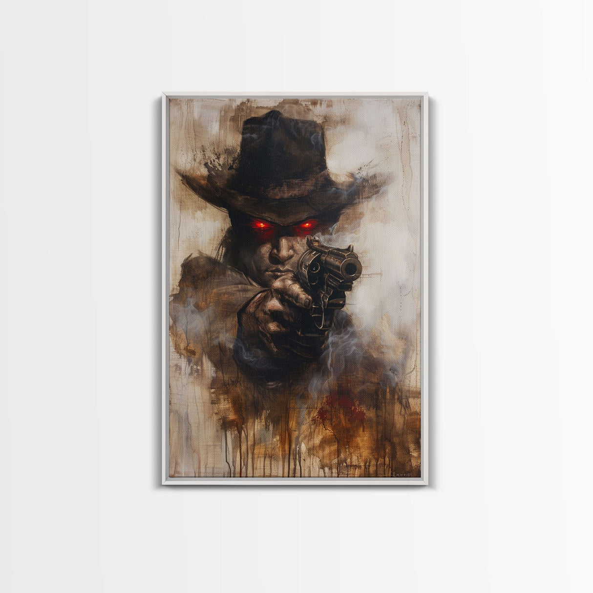 Haunting Cowboy with Red Eyes - Halloween Art, Gothic Art, Spooky Decor, Dark Wild West Art, Menacing Portrait, Framed Canvas Print
