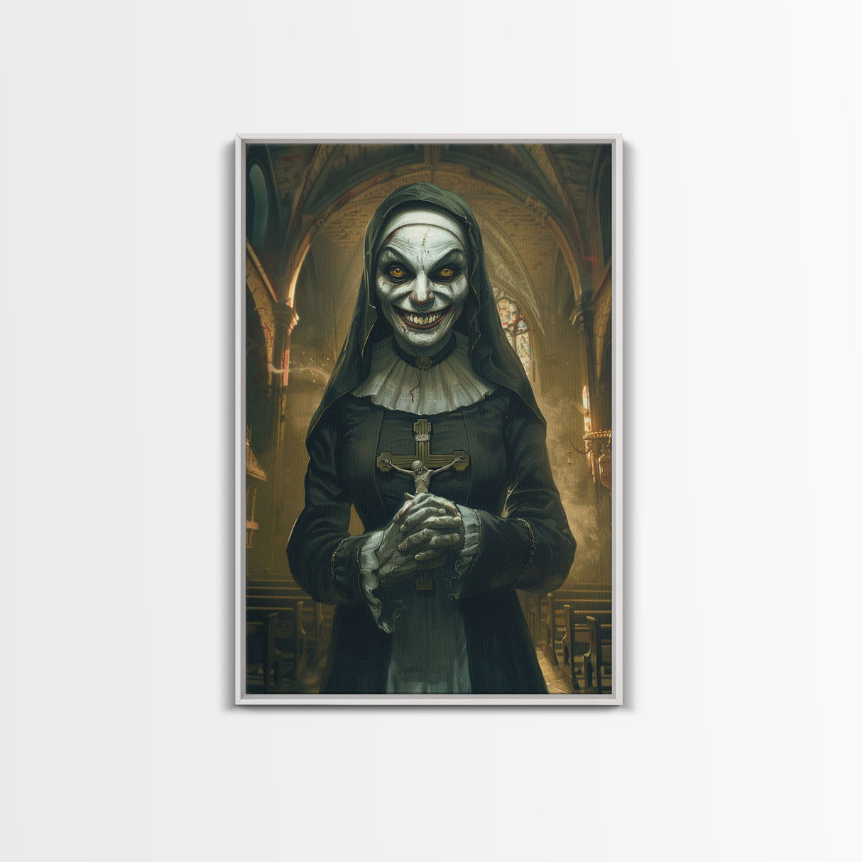 Creepy Nun Canvas Print - Halloween Art, Scary Art, Spooky Home Decor, Creepy Portrait, Gothic Wall Art, Halloween Decor Framed Canvas Print