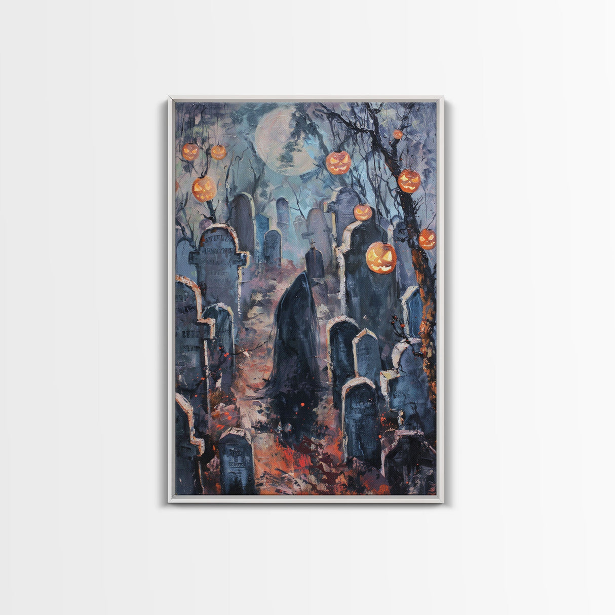 Jack-o'-Lantern Graveyard Canvas Print - Halloween Art, Spooky Home Decor, Cemtary Wall Art Pumpkin Art Halloween Decor, Framed Canvas Print