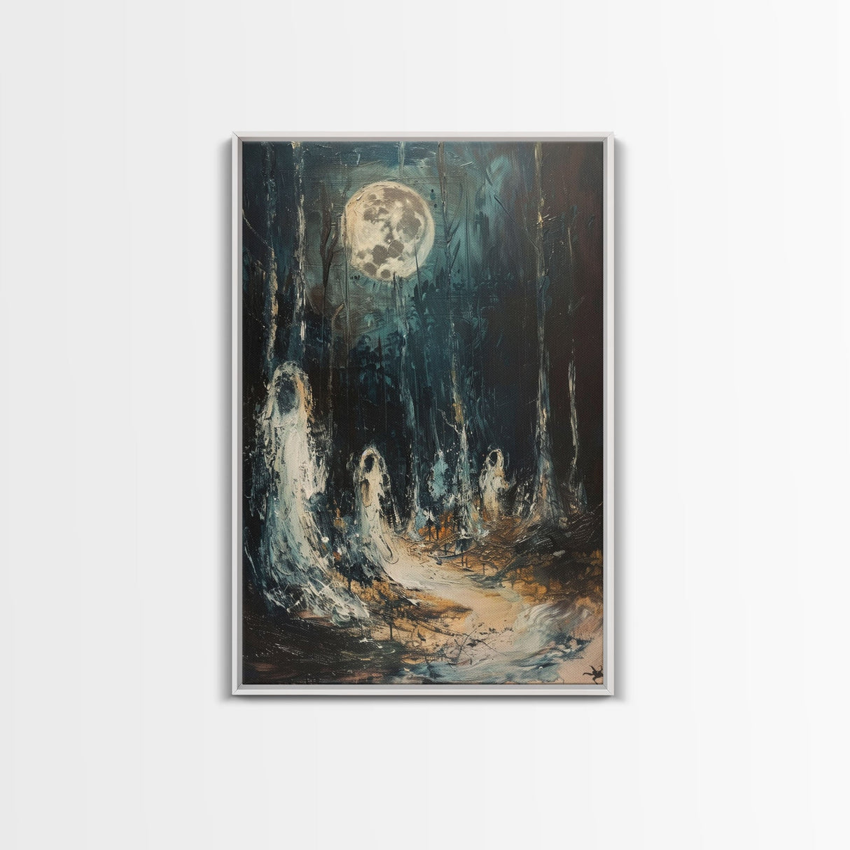 Ghostly Figures in Forest, Halloween Art Print, Spooky Home Decor, Framed Canvas Print, Creepy Art, Halloween Wall Decor, Seasonal Wall Art
