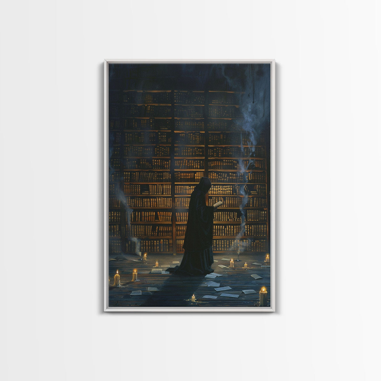 Hooded Figure in Library Halloween Art, Spooky Study, Haunted Library, Creepy Room, Gothic Reading, Framed Canvas Print
