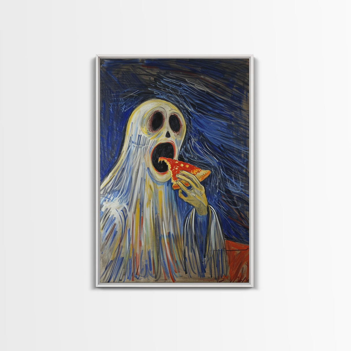 Spooky Ghost Eatin a Pizza, YUM! Funny Halloween Art