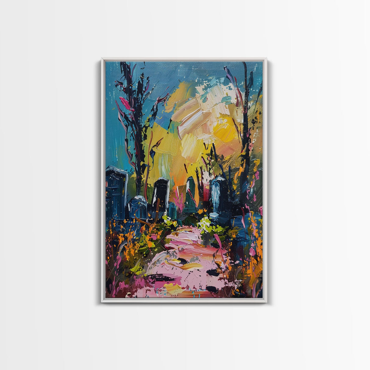 Colorful Haunted Cemetary, Springtime Halloween Mashup, Spooky Season Vibes, Framed Canvas Print, Haunted Graveyard