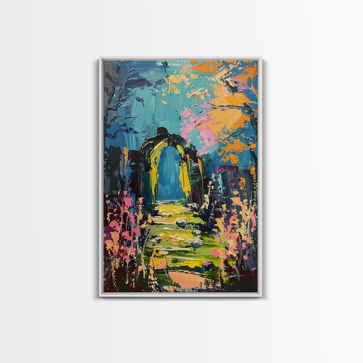 Enchanted Path Framed Canvas Print, Halloween Art, Spooky Garden, Haunted Walkway, Fall Decor Gothic Decor, Ghostly Archway, Eerie Landscape