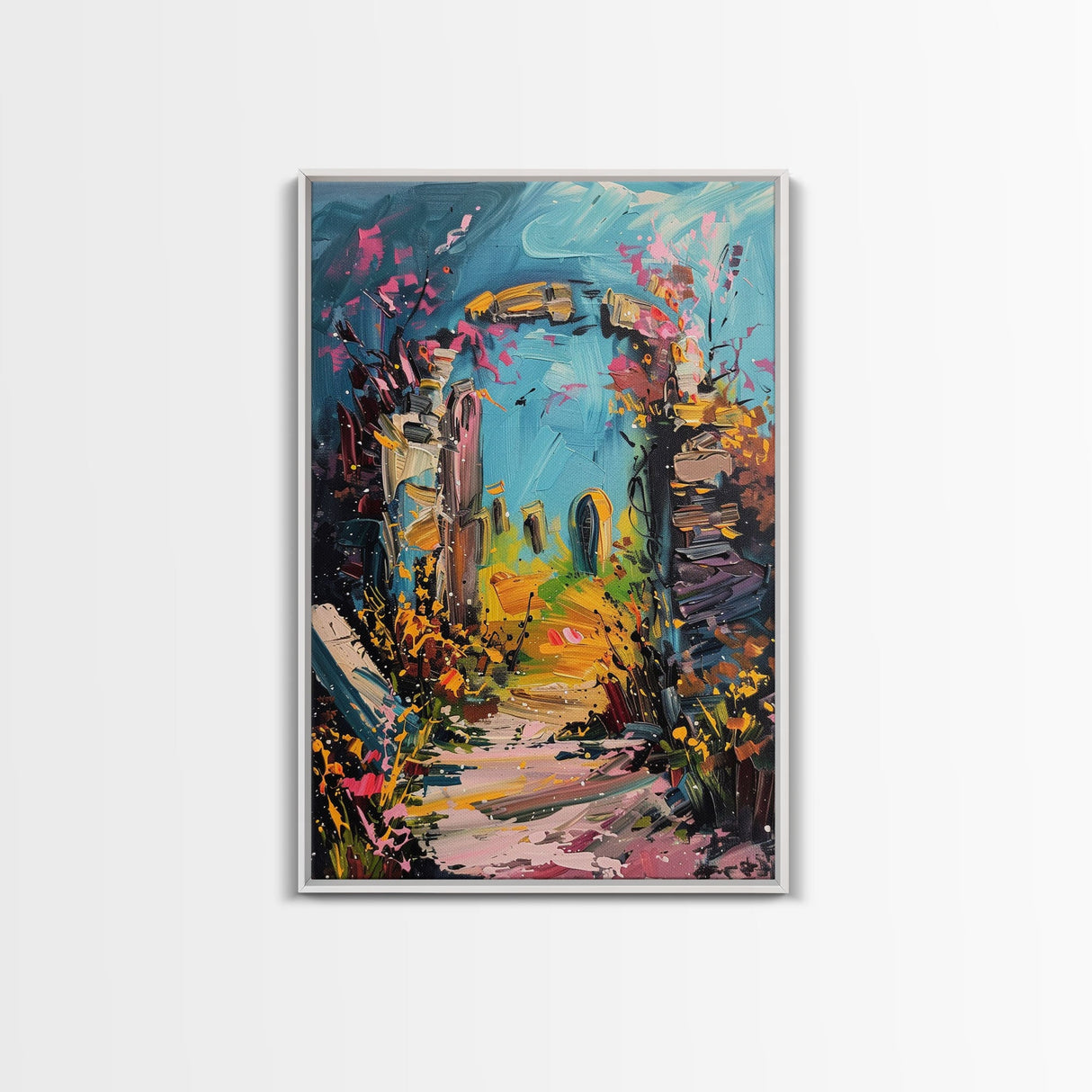 Ruined Archway Framed Canvas Print, Halloween Art, Haunted Garden, Spooky Ruins, Eerie Pathway, Fall Decor, Gothic Wall Art, Haunted Decor