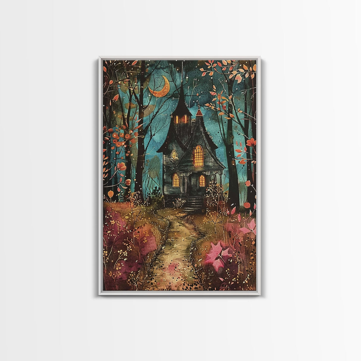 Enchanted Forest Pathway Framed Canvas Print, Haunted Woods Art, Halloween Night, Spooky Path Decor, Mysterious Artwork, Framed Canvas Print