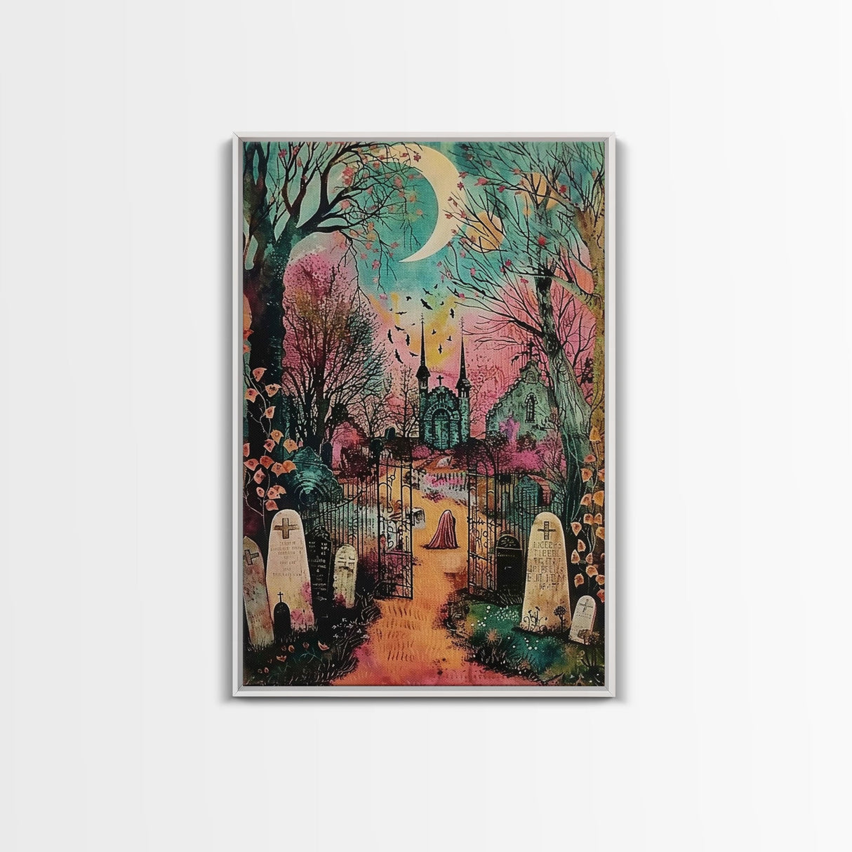 Creepy Moonlit Trees Framed Canvas Print, Haunted Forest Art, Halloween Night Scene, Eerie Woods Decor, Spooky Artwork, Framed Canvas Print