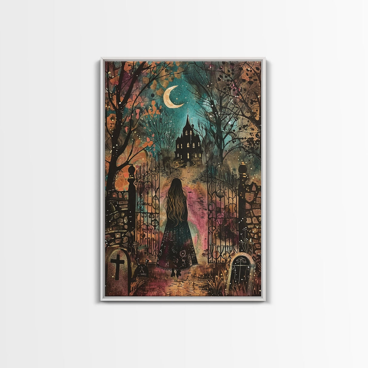 Gothic Mansion in the Forest Framed Canvas Print, Spooky Haunted House Art, Halloween, Eerie Decor, Haunted Artwork, Framed Canvas Print