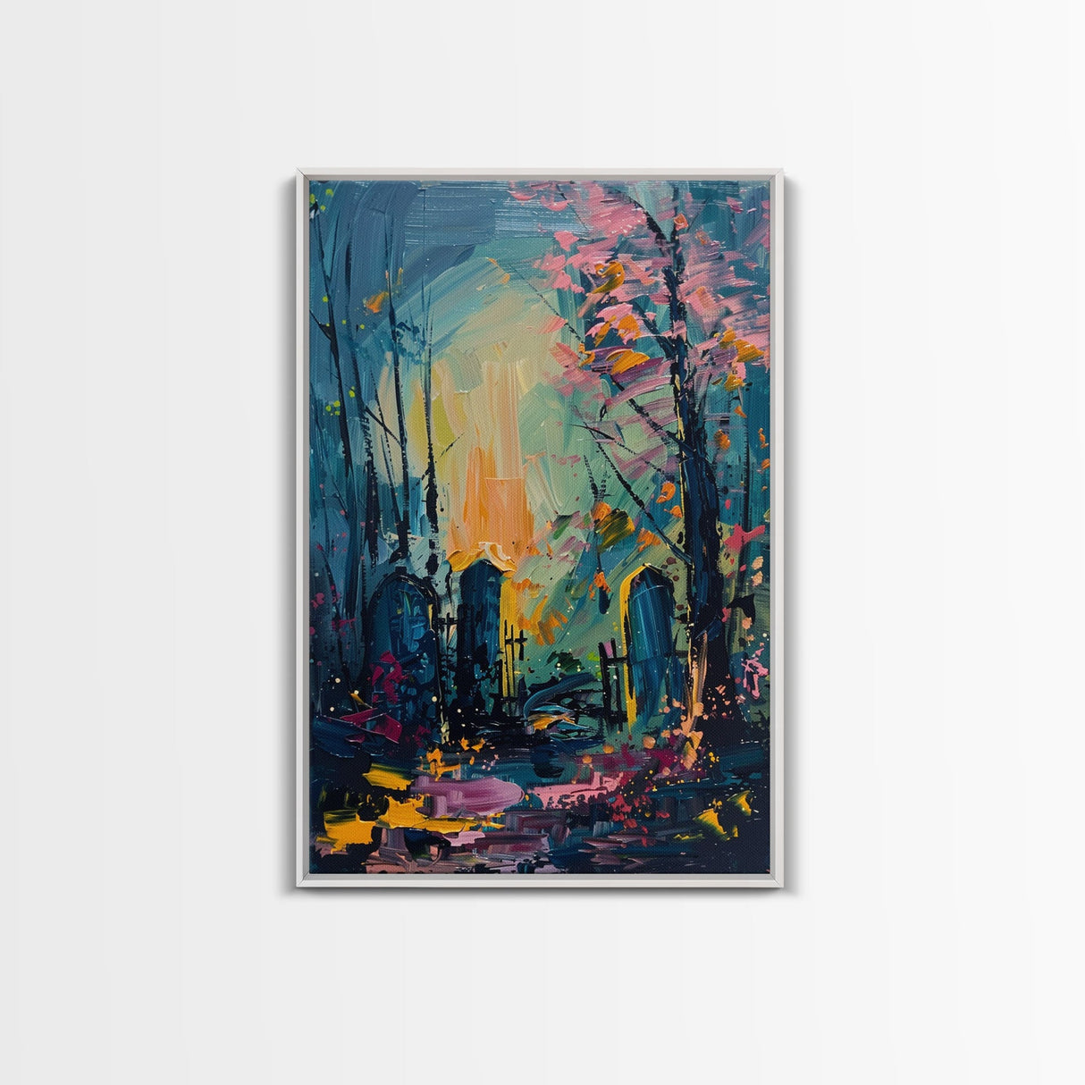 Haunted Forest Graveyard Framed Canvas Print, Spooky Cemetery Art, Halloween, Eerie Graveyard Decor, Gothic Artwork, Framed Canvas Print