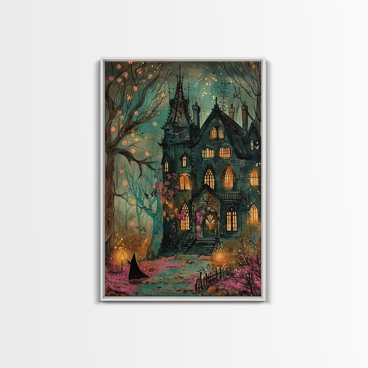Haunted Mansion On Halloween, Framed Canvas Print, Spooky Vibes Wall Art