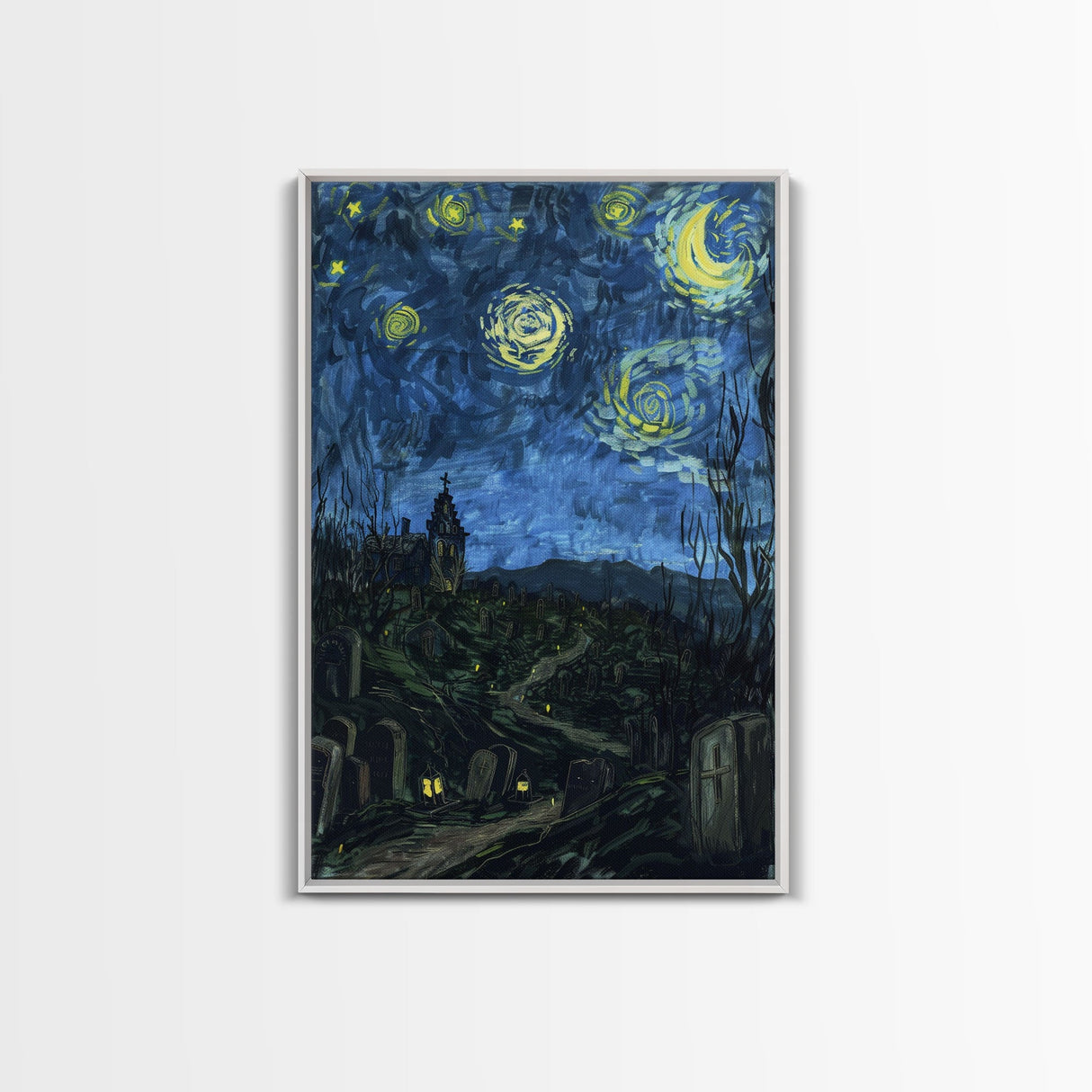 Gothic Graveyard Framed Canvas Print, Halloween Wall Art, Haunted Cemetery Art, Spooky Night Decor, Halloween Home Decor, Horror Art