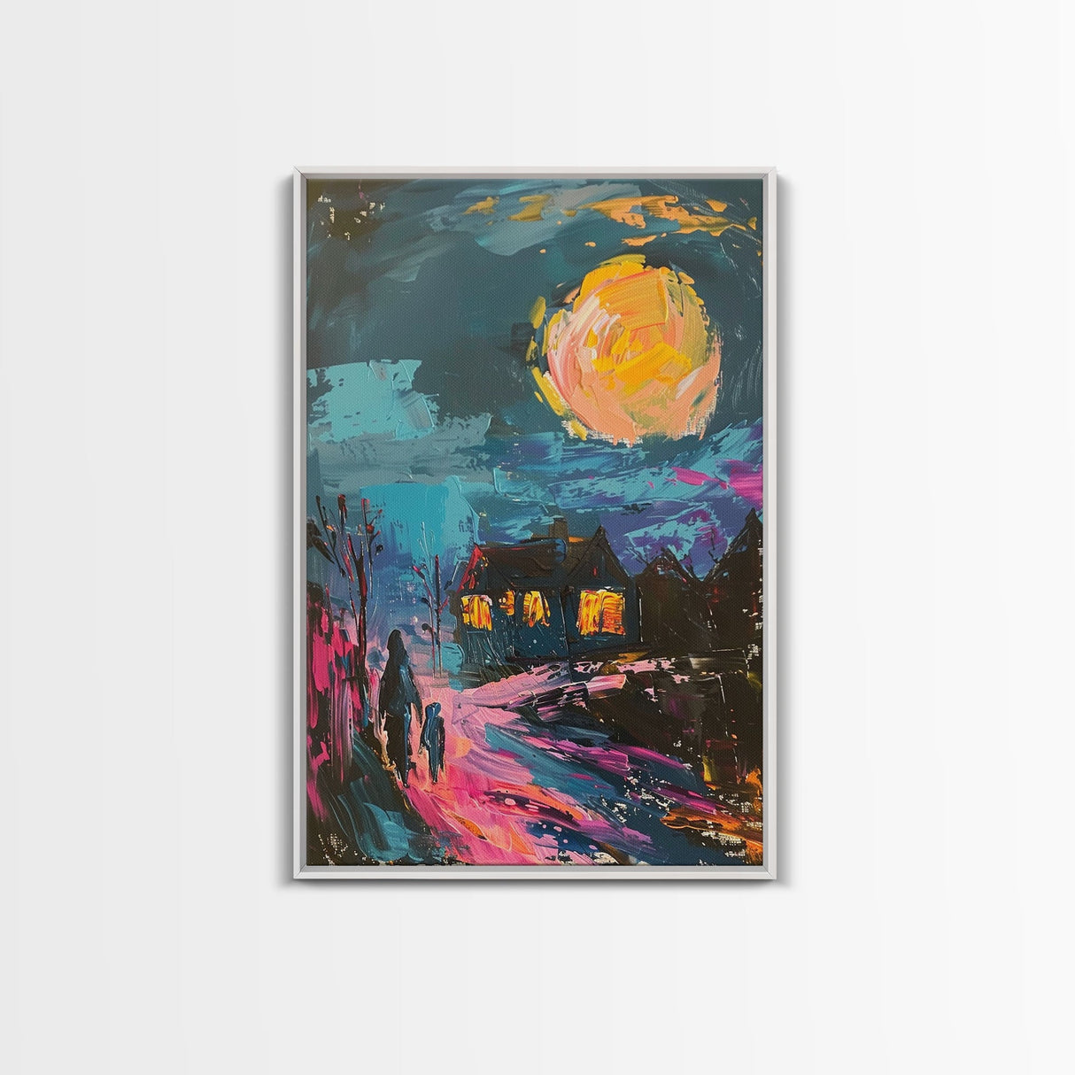 Spooky Village Framed Canvas Print, Halloween Wall Art, Haunted House Art, Gothic Night Decor, Spooky Moonlight, Halloween Home Decor