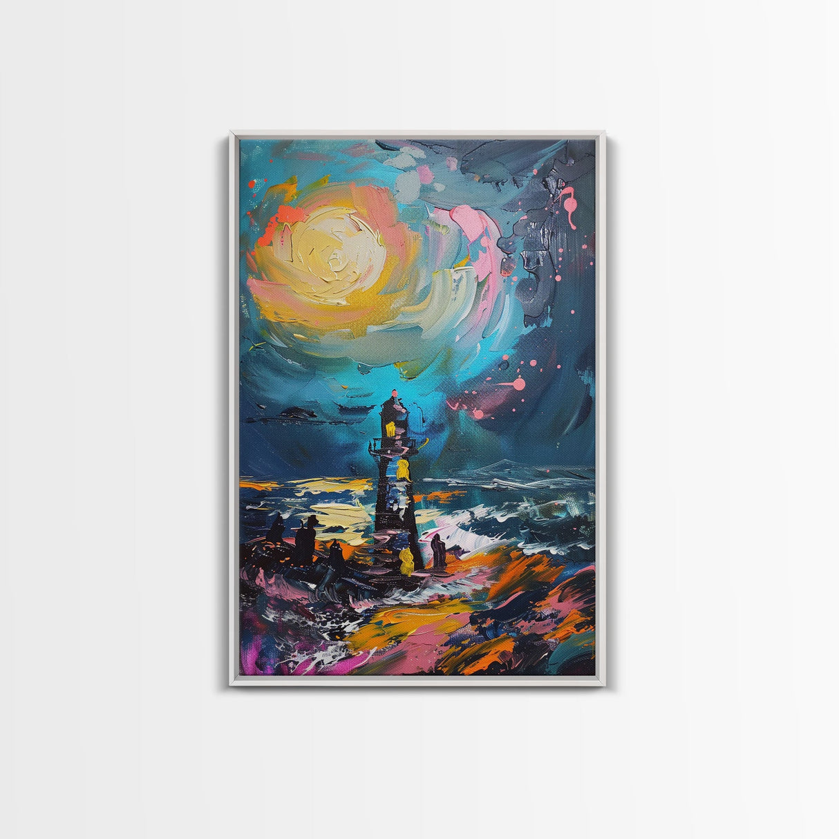Moonlit Lighthouse Framed Canvas Print, Halloween Wall Art, Haunted Lighthouse Art, Spooky Night Decor Ocean Horror Art Halloween Home Decor