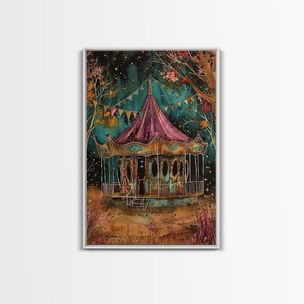 Nighttime Haunted Forest Path Framed Canvas Print, Halloween Wall Art, Spooky Home Decor, Eerie Artwork, Ghostly Path Decoration