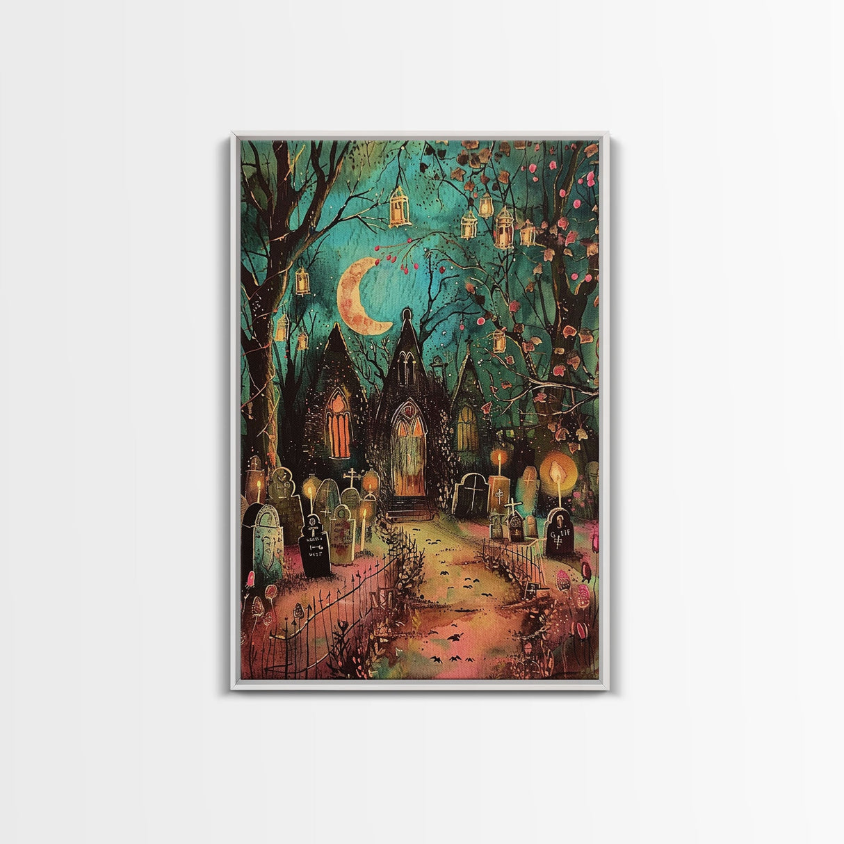 Gothic Churchyard with Moon and Lanterns Framed Canvas Print, Wall Art, Spooky Home Decor, Halloween Cemetery, Gothic Art, Haunted Graveyard