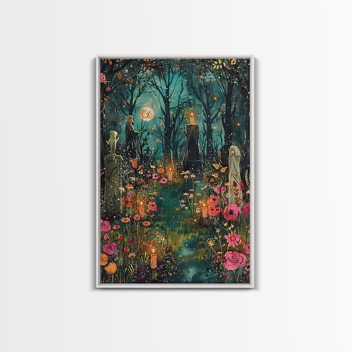 Haunted Graveyard with Flowers Framed Canvas Print, Wall Art, Halloween Cemetery Art, Spooky Home Decor, Ghostly Garden Painting